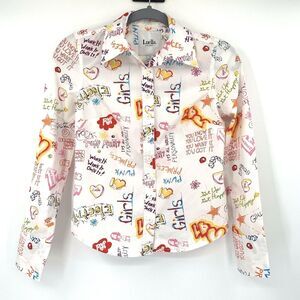 Luella for Target White Graffiti Button Front Long Sleeve Women's Blouse Size XS